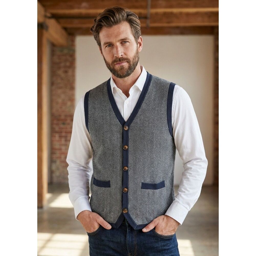 Cremieux Classics Mens Large Herringbone Knit Sweater Vest Button Front N Blue